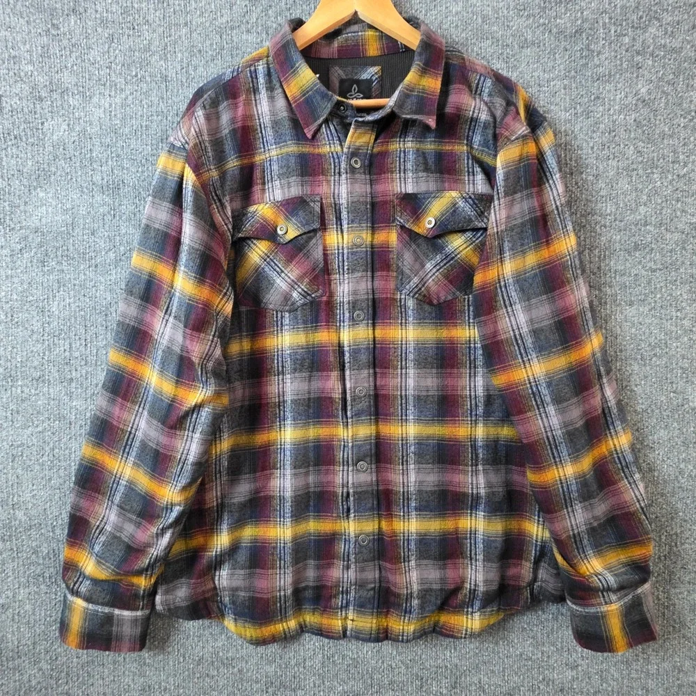 Prana Mens XL Plaid Flannel Shirt Jacket Thermal Lined Snap Front Purple Yellow